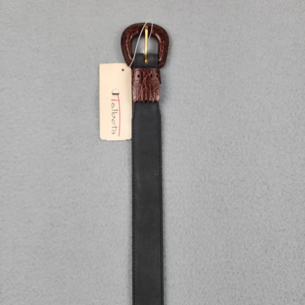 Talbots Belt Womens Medium Black Leather Brown Croc Buckle Gold Tone Fashion